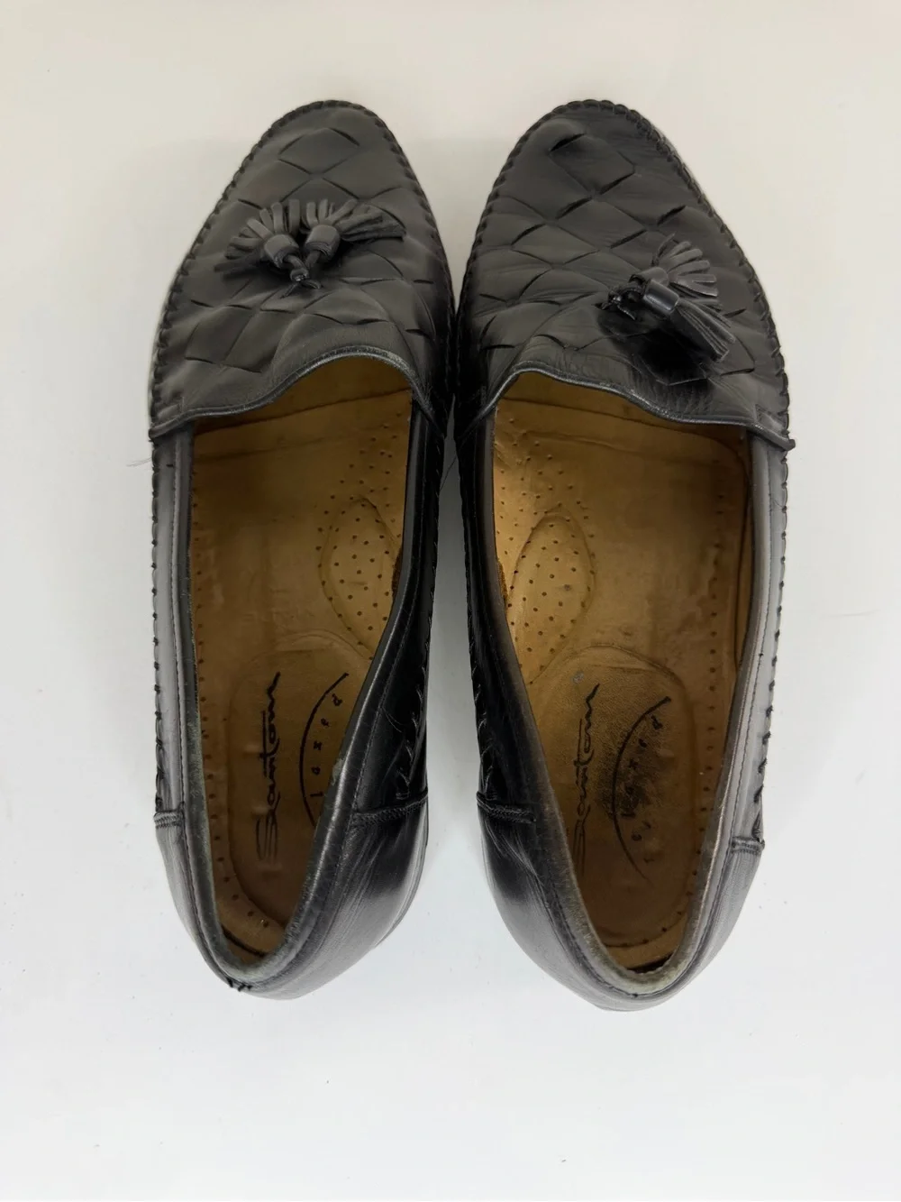 Santoni Black Woven Leather Tassel Loafers Men’s 9D  Made in Italy Handcrafted